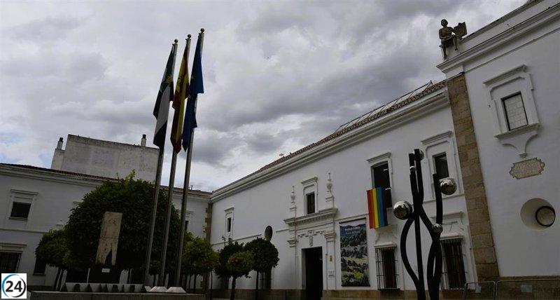 La Asamblea de Extremadura celebra el Día del Orgullo LGTBI con la bandera arcoíris en su fachada.