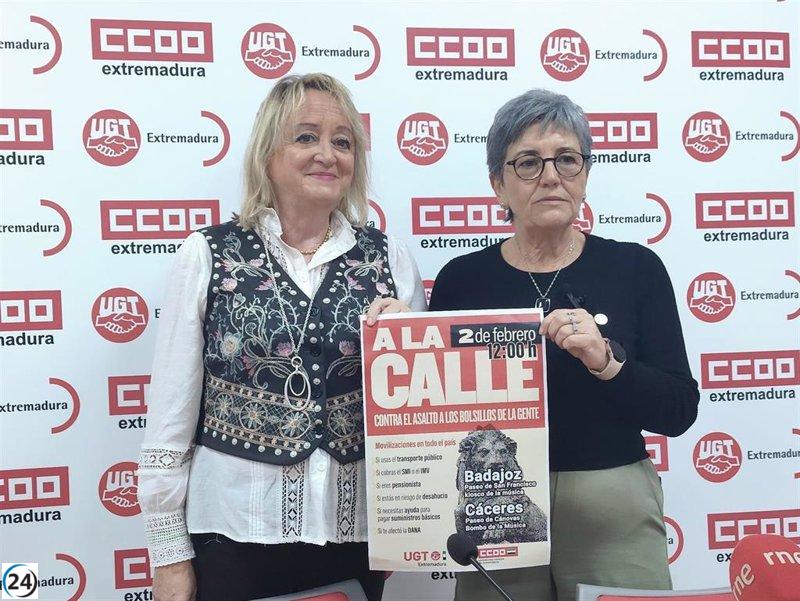 Sindicalistas de UGT y CCOO se manifestarán el domingo en Badajoz y Cáceres por la aprobación del “escudo social”.