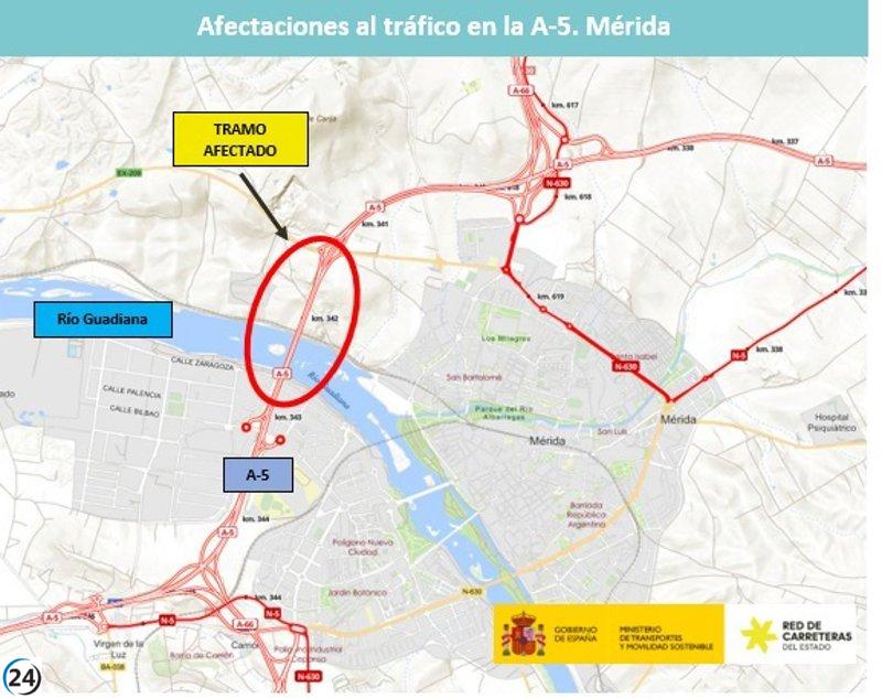 Corte de carriles izquierdos en la A-5 en Mérida por trabajos en viaductos del Guadiana.