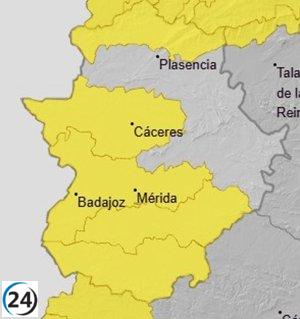 Extremadura declara alerta amarilla por lluvias y vientos intensos este jueves.
