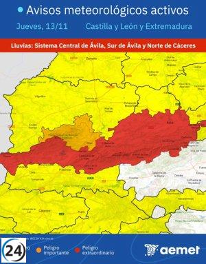 Aemet alerta sobre intensas lluvias en Cáceres y Ávila con aviso rojo.