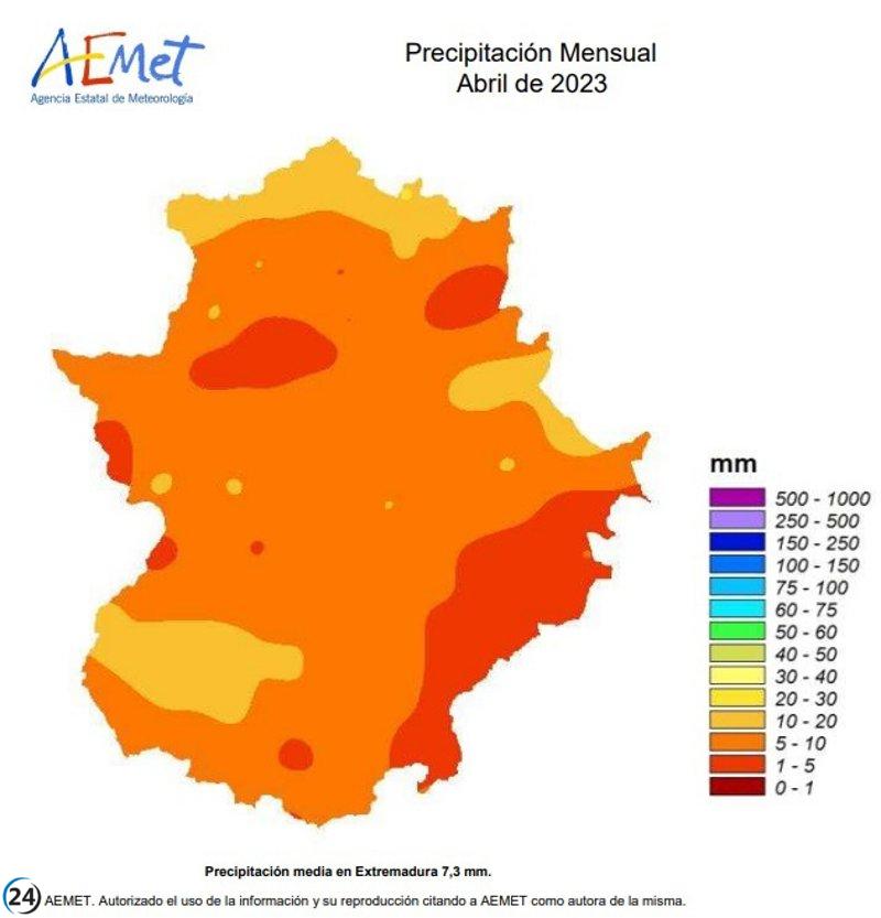 Extremadura cierra abril con temperaturas máximas récord y un 13% de precipitaciones normales.