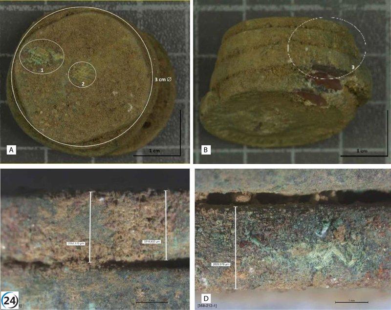 Encuentran monedero romano de lino en Mérida tras un incendio.